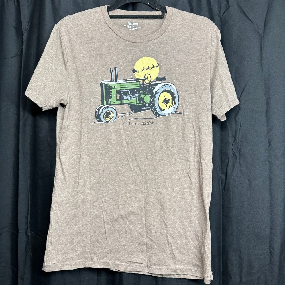 Mens Silent Night Tractor Christmas Graphic T-Shirt Tan Heather Medium